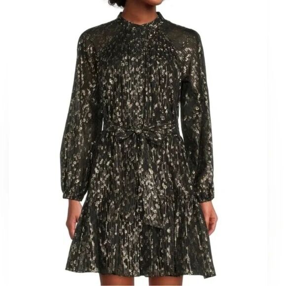 ANTONIO MELANI Camila Chiffon Black & Gold Metallic Cocktail Dress Size 0 NWT - Picture 1 of 13